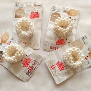 NWT SCUNCI Ponytailer (4) Faux White Pearl Beads Pony Tail Holder New on Card